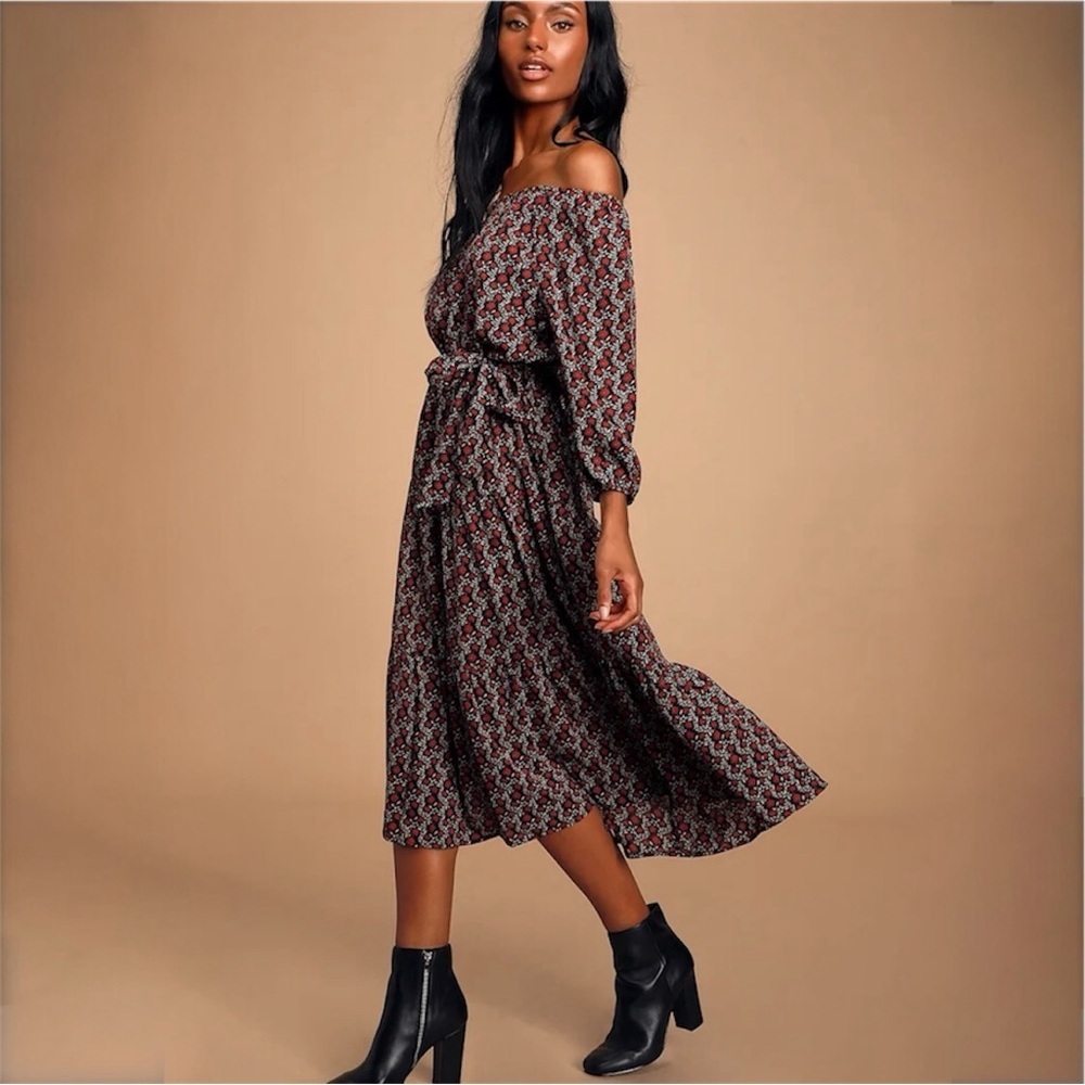 Lulus Off Shoulder Floral Midi Dress Boho Cottagecore Long Sleeve S - Picture 17 of 17